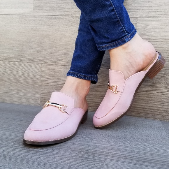 Shoes - Pink Slip on flat mule loafer W gold buckle-P